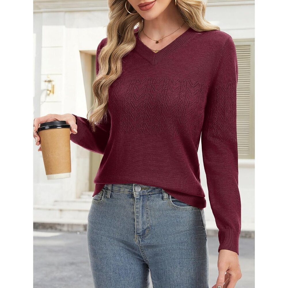 Women's Wine Red Wool Long Sleeve Crochet Pullover V Neck Lightweight Sweater - Picture 3 of 7